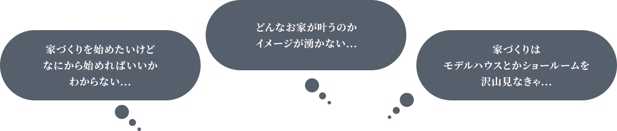 家づくりを始めたいけどなにから始めればいいかわからない...　どんなお家が叶うのかイメージが湧かない...　家づくりはモデルハウスとかショールームを沢山見なきゃ...